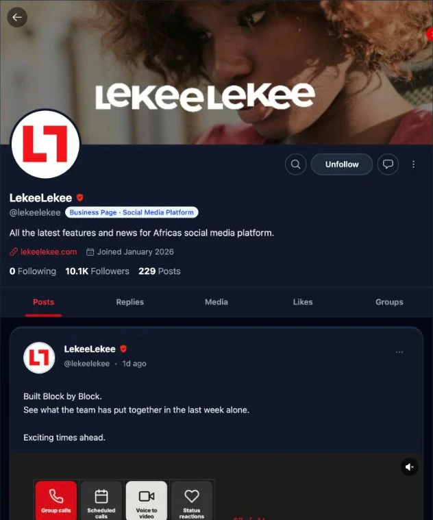 The LekeeLekee business Page: a cover picture with the logo, the name with a verified tick, a Business Page label, the website link, follower and post counts, and the first post.
