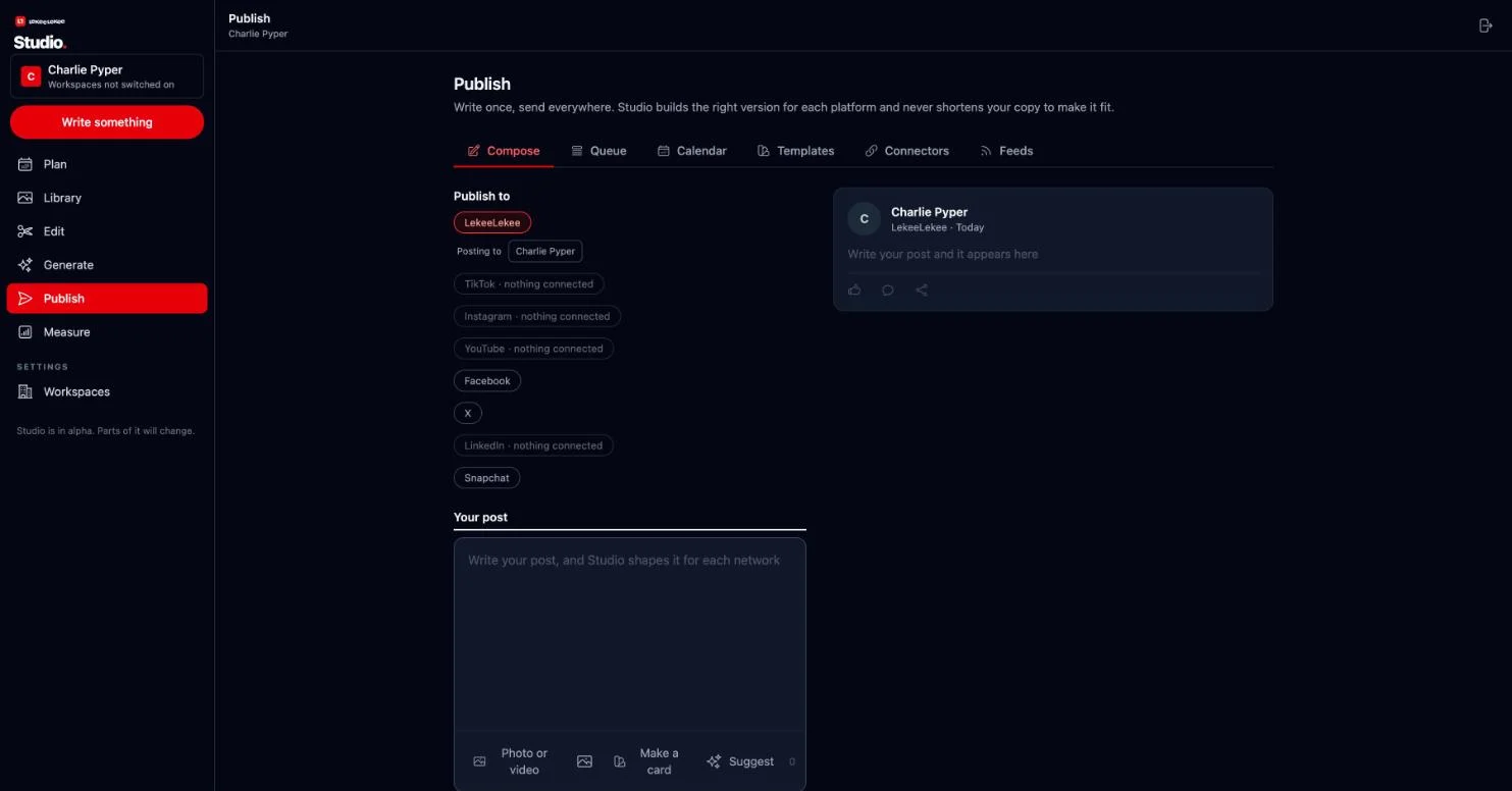 The Studio Publish screen: a list of networks to publish to, a box to write the post, and a preview of how it will look.