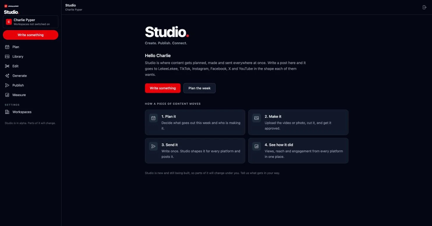 The Studio home screen: a menu of Plan, Library, Edit, Generate, Publish and Measure, and four steps showing how a piece of content moves.